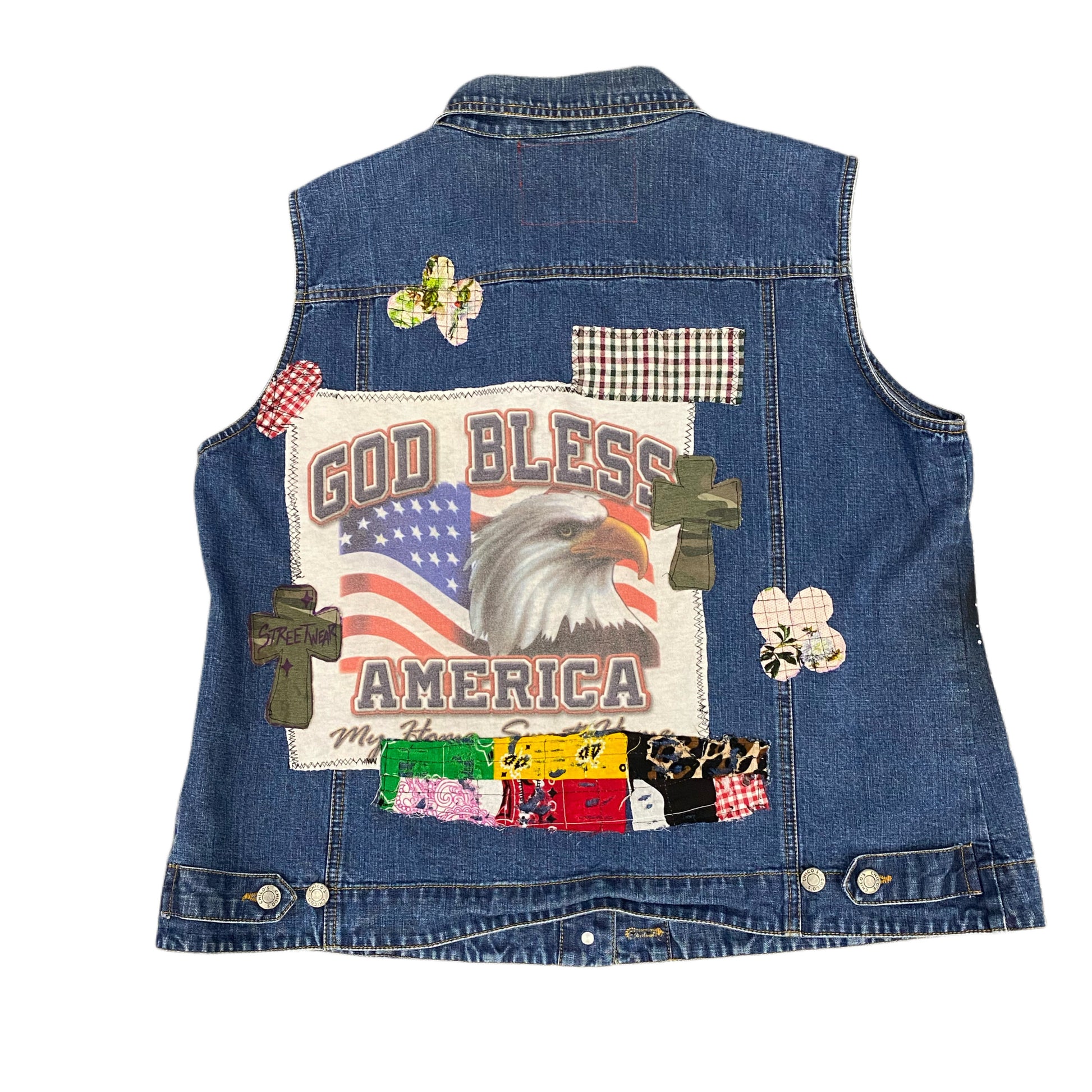 Melrose Streetwear “God Bless America” Patchwork Denim Vest